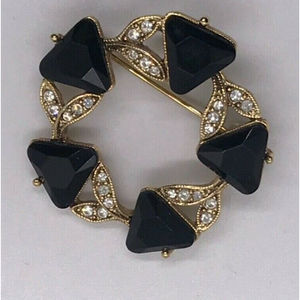 Vintage Round Wreath Brooch Pin Black White Glass & Rhinestones 1 1/2”